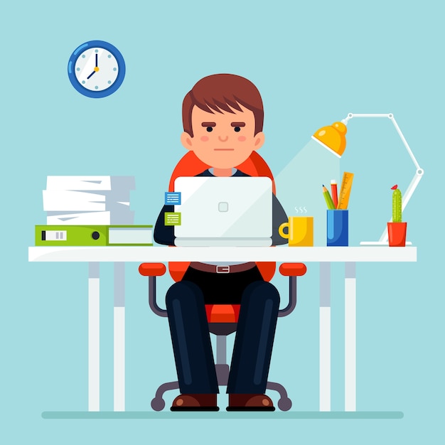 Hombre de negocios trabajando en el escritorio. Interior de oficina con computadora, laptop, documentos, lámpara de mesa, café. Gerente sentado en una silla. Lugar de trabajo para trabajador, empleado