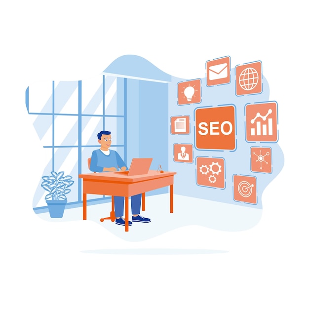 Hombre de negocios trabajando frente a una computadora portátil con iconos de SEO en la pantalla concepto de SEO