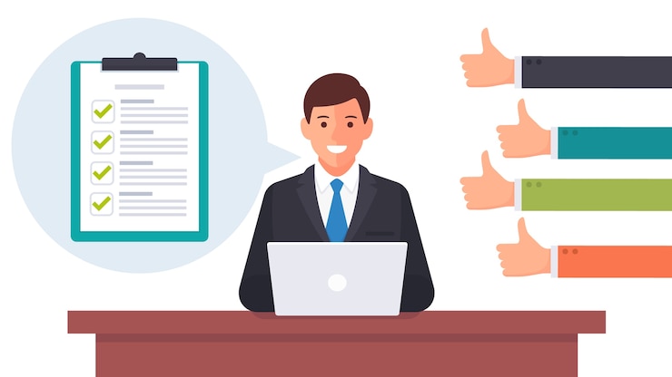 Vector hombre de negocios trabajando y obtener una buena retroalimentación