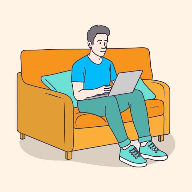 Hombre de negocios trabajando en un sofá usando una computadora portátil desde casa para colorear línea plana ilustración mínima de arte
