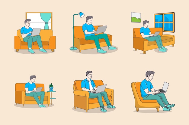 Hombre de negocios trabajando en un sofá usando una computadora portátil desde casa para colorear línea plana ilustración mínima de arte