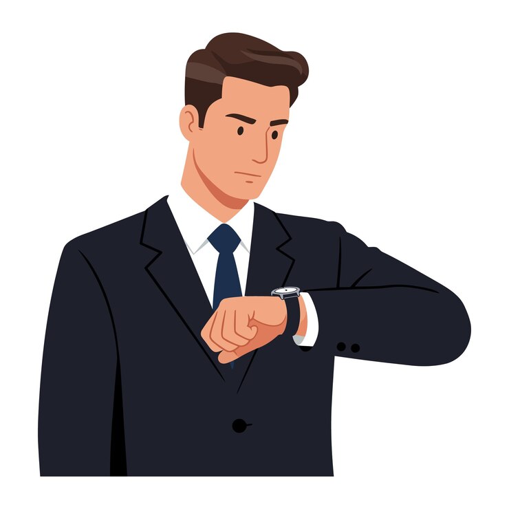 Vector hombre de negocios en un traje comprobando su reloj en una ilustración vectorial de estilo minimalista plano