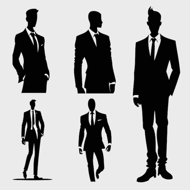 Hombre de negocios en traje múltiples poses Ilustración de silueta aislada negra