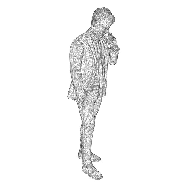 Hombre de negocios en un traje de negocios de pie y hablando por teléfono, inclinando ligeramente la cabeza.