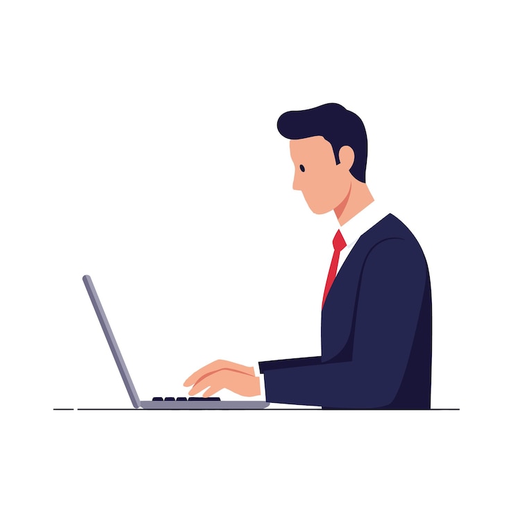 Vector hombre de negocios en un traje trabajando intensamente en una computadora portátil en una ilustración de vector plano mínimo