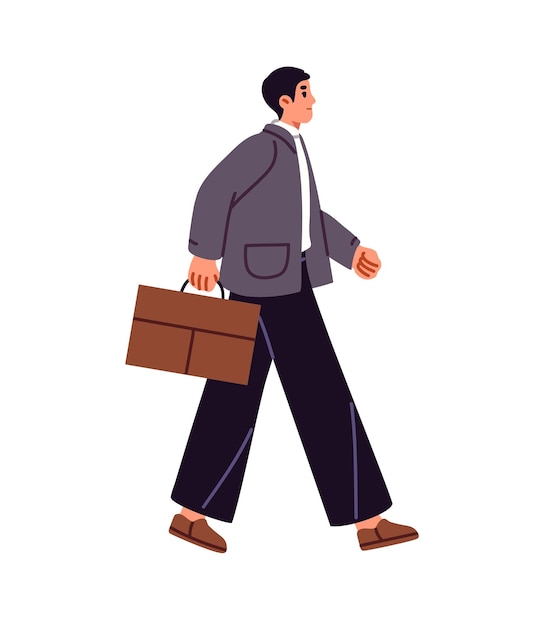 Hombre de negocios en traje va a trabajar en la oficina Empleado ocupado en disfraz lleva un maletín en la mano Trabajador de negocios camina con la bolsa de vista lateral Ilustración vectorial aislada plana sobre fondo blanco
