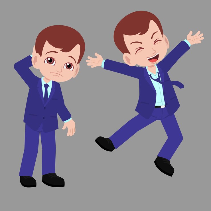 Hombre de negocios en trajes con dos reacciones de emoción de diferencia