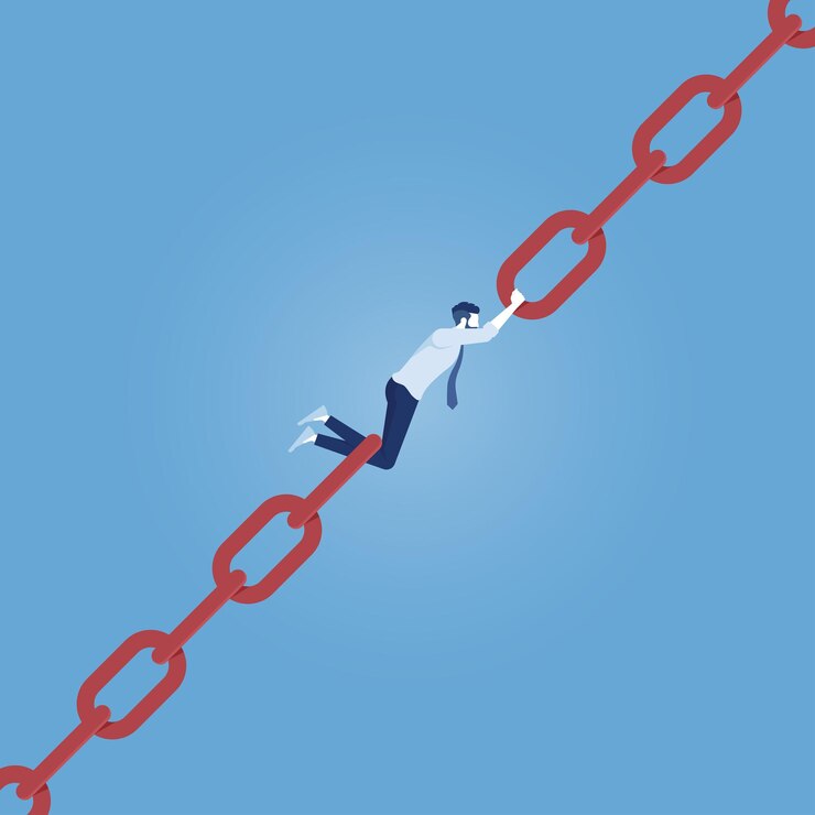 Vector hombre de negocios tratando de mantener la cadena rota juntos, concepto de cadena de enlace juntos