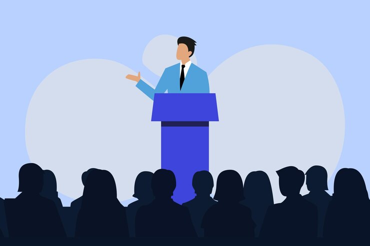 Vector hombre de negocios tribuno discurso grupo de personas