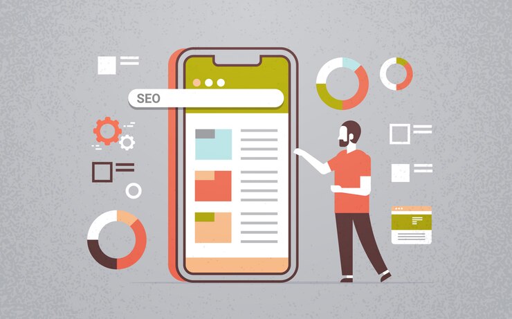 Vector hombre de negocios utilizando motor de búsqueda seo de aplicaciones móviles