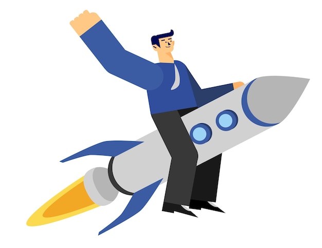 Hombre de negocios volando en un cohete Ilustración vectorial en estilo plano