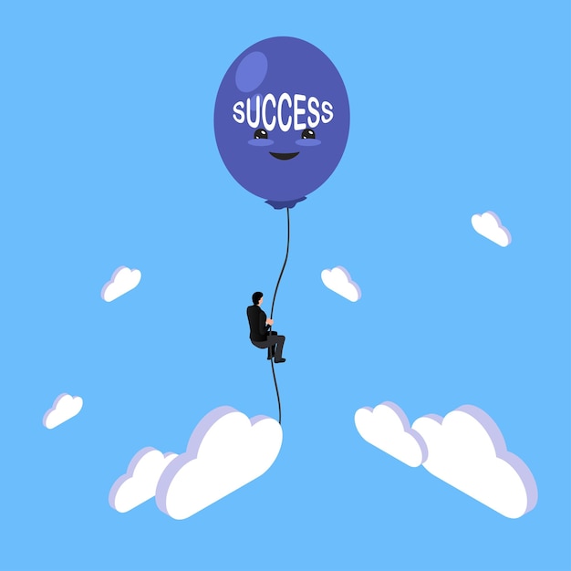 Hombre de negocios volando con un globo de éxito