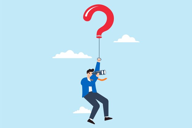 Un hombre de negocios volando con un globo con signos de interrogación y sosteniendo un telescopio en busca de respuestas.