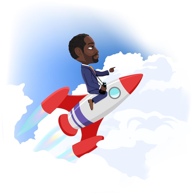 Hombre de negocios volando en la ilustración de vector de dibujos animados de concepto de logro de éxito de cohete espacial