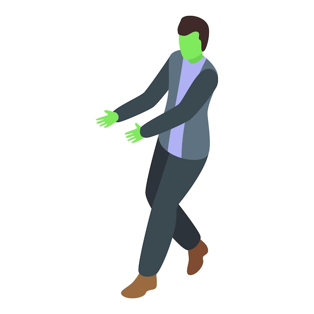 Un hombre de negocios zombi de piel verde caminando con las manos abiertas.