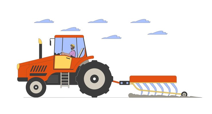 Vector hombre negro arando el campo con una ilustración plana de dibujos animados de tractor