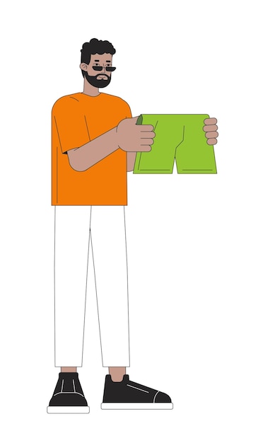 Hombre negro barbudo eligiendo pantalones cortos de boxeo personaje de dibujos animados lineal en 2D