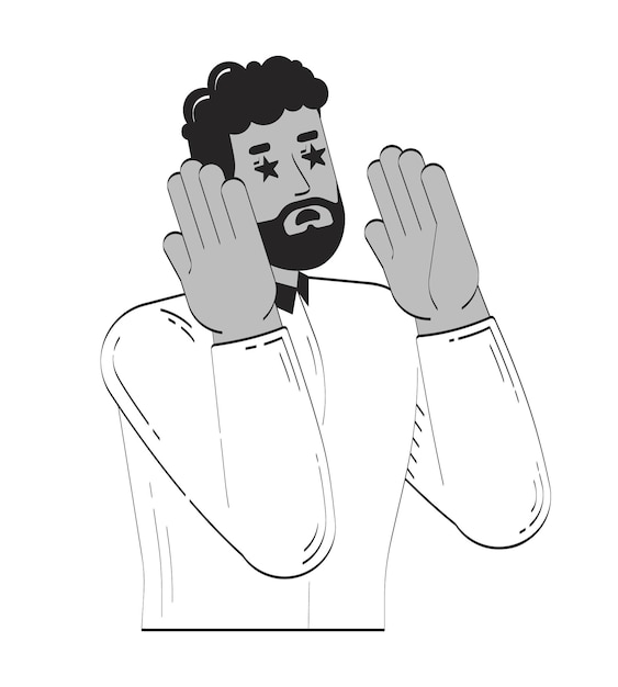 Hombre negro barbudo con ojos estrellados mostrando emoción garabateando carácter lineal