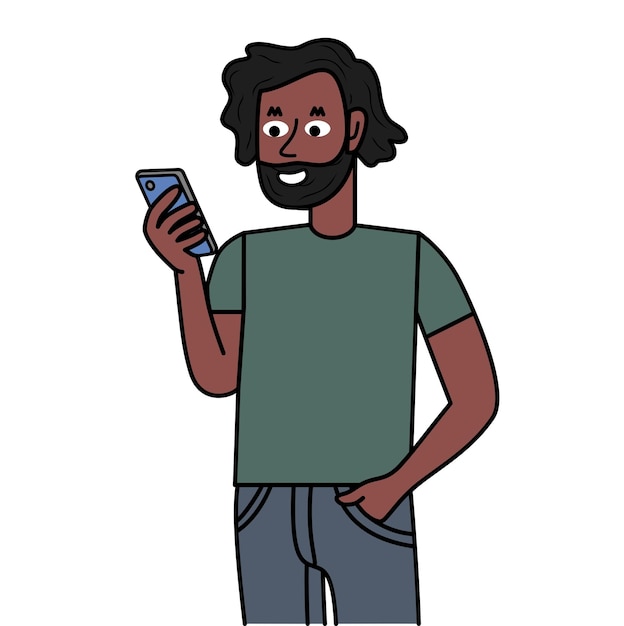 hombre negro barbudo sosteniendo su teléfono celular