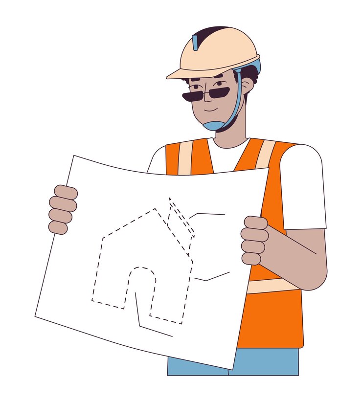 Vector hombre negro contratista con plano 2d personaje de dibujos animados lineal hombre afroamericano constructor de casas vectorial de línea aislada persona de fondo blanco ilustración de punto plano de color de construcción de nueva casa