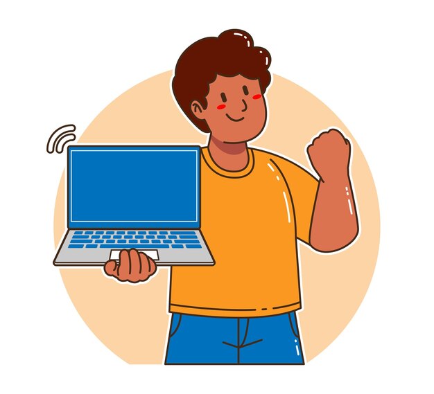 Hombre negro de dibujos animados sosteniendo una computadora portátil