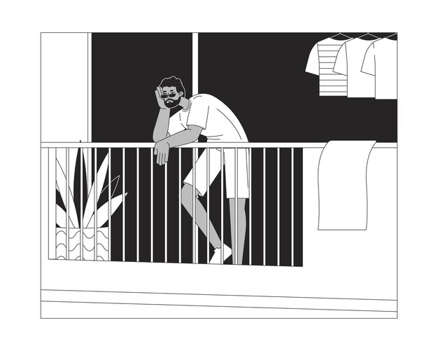 Hombre negro gafas de sol enfriando en el balcón ilustración de línea plana negra y blanca
