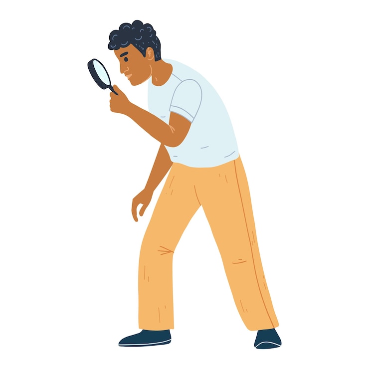 Vector hombre negro con lupa en estilo plano concepto de preguntas frecuentes búsqueda de información buscando nuevas oportunidades de trabajo vacantes empleo carrera concepto de estrategia