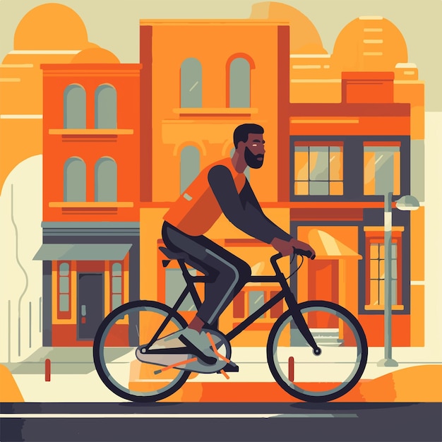 El hombre negro monta una bicicleta en un diseño plano de la ciudad