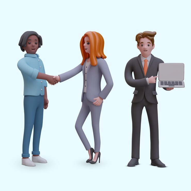 Vector un hombre negro y una mujer de negocios se dan la mano. un hombre de traje de negocios muestra una computadora portátil con una pantalla en blanco.