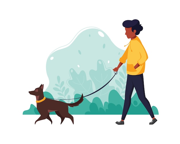 Hombre negro con un perro en el parque. Ilustración del concepto de estilo de vida saludable, deporte, ejercicio. en estilo plano.