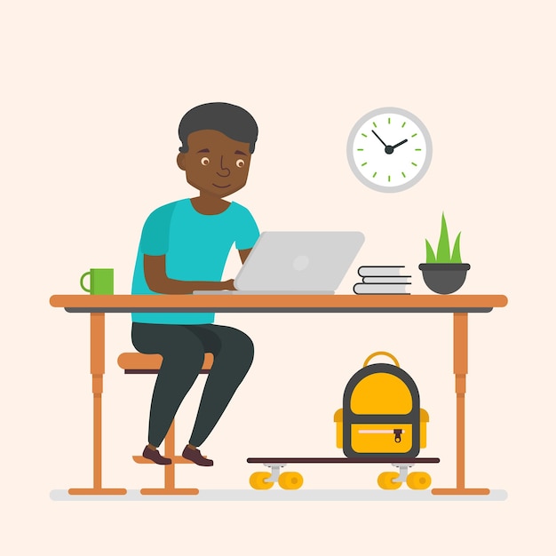 Hombre negro personaje de negocios que trabaja para la computadora. Empresario afroamericano. Vector ILustración