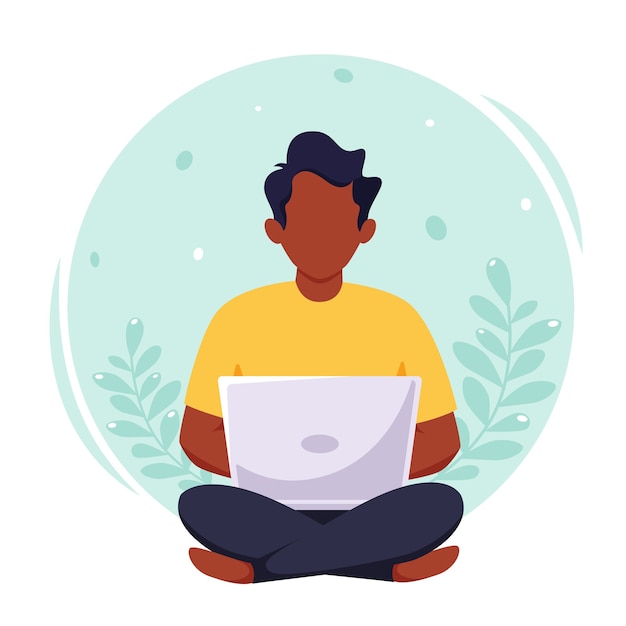 Vector hombre negro que trabaja en la computadora portátil. freelance, trabajo a distancia, estudio online, trabajo desde casa.