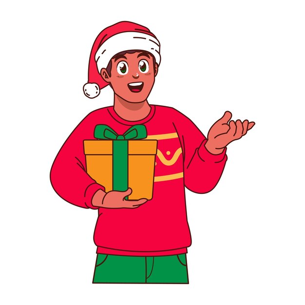 Hombre negro con suéter de Navidad y sombrero de Papá Noel sosteniendo una caja de regalos
