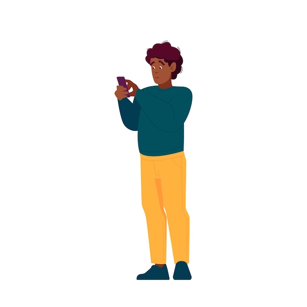 Hombre negro con teléfono móvil Concepto de comunicación de teléfono celular Personaje masculino alegre Desplazarse a través de mensajes