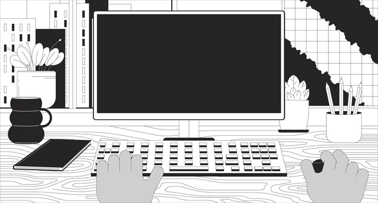 Vector hombre negro trabajando en el concepto de ilustración lineal 2d por computadora