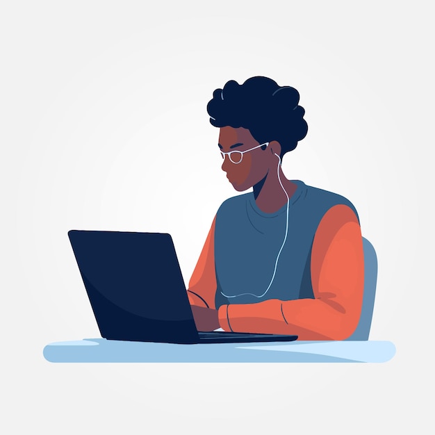 Hombre negro trabajando en su ilustración de vector de computadora portátil