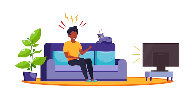 Hombre negro viendo noticias en la televisión. Contenido de choque, noticias falsas. La emoción del shock, la sorpresa. en estilo plano.
