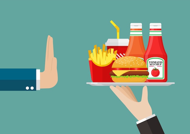El hombre se niega a comer comida rápida. Estilo plano