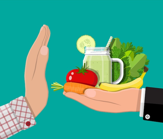 El hombre se niega a tomar alimentos saludables con gesto de la mano. Rechazo de alimentos crudos o vegetales.