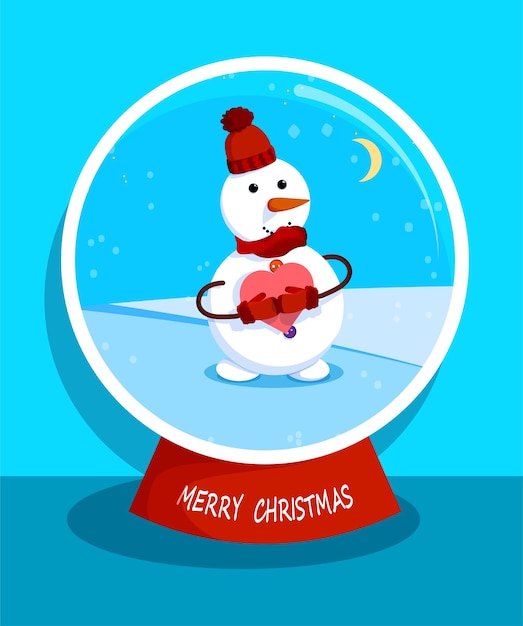 el hombre de nieve alegre se encuentra en el globo de nieve con el corazón en las manos. Casarse con el hombre de Nieve de Navidad. Reunión de Navidad y Año Nuevo. Diversión de invierno. Vector de dibujos animados