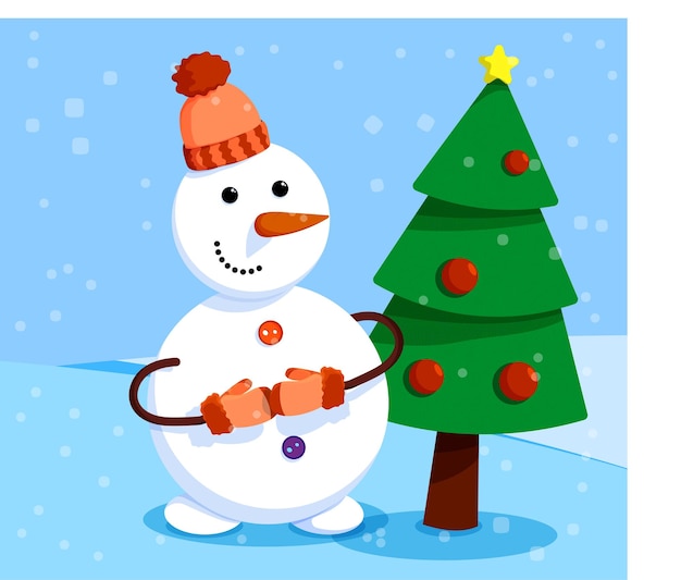 el hombre de nieve alegre está de pie frente al elegante árbol de Año Nuevo. Paisaje de invierno y hombre de Nieve. Reunión de Navidad y Año Nuevo, diversión de invierno. Vector de dibujos animados
