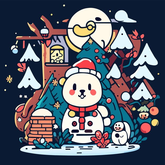 Vector hombre de nieve, árbol de invierno de navidad, casa de navidad, dibujo a mano, pegatina de dibujos animados, concepto de icono