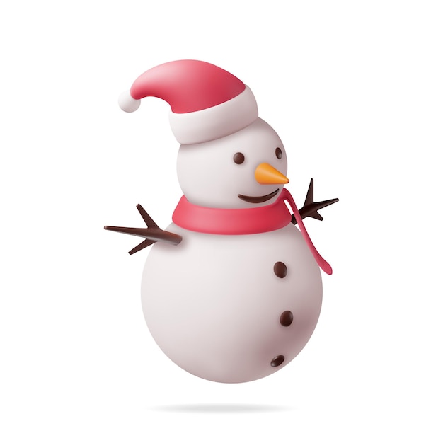 Hombre de nieve blanco en 3d con sombrero y bufanda aislado render hombre de nieve personaje decoración de año nuevo feliz fiestas de navidad año nuevo y celebración de navidad ilustración vectorial realista