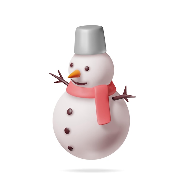 Hombre de nieve blanco 3D en sombrero de cubo y bufanda aislado Render Hombre de Nieve Personaje Decoración de Feliz Año Nuevo Feliz Navidad Fiestas de Año Nuevo y Celebración de Navidad Ilustración vectorial realista