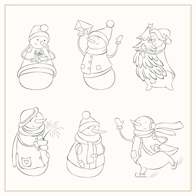 Hombre de nieve contorno ilustración sombrero bufanda libro de colorear ilustración vectorial aislado