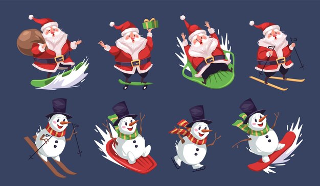 Hombre de nieve deportivo y Papá Noel personajes de dibujos animados atleta lindo deporte extremo de invierno Navidad trineo snowboard y patinaje entrega de regalos feliz año nuevo conjunto aislado vectorial ordenado