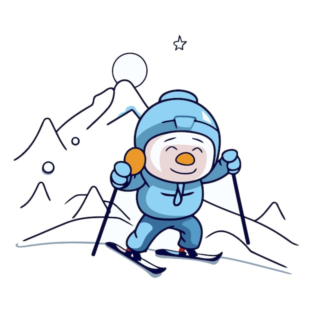 Vector hombre de nieve de dibujos animados esquiando en las montañas para su diseño