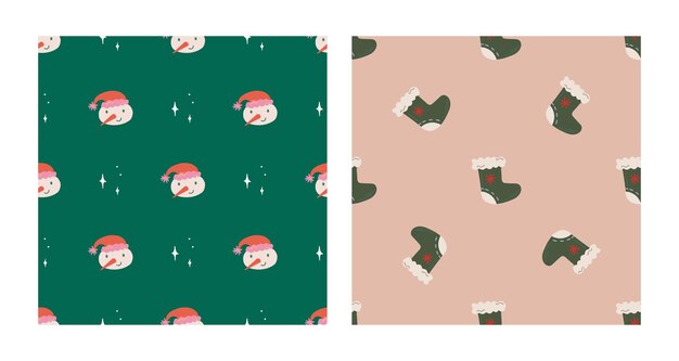 Hombre de nieve lindo y chispas calcetín de Navidad conjunto de patrones sin costura concepto de Navidad y Año Nuevo Textura vectorial retro vintage dibujada a mano para impresiones de papel pintado envolviendo textil