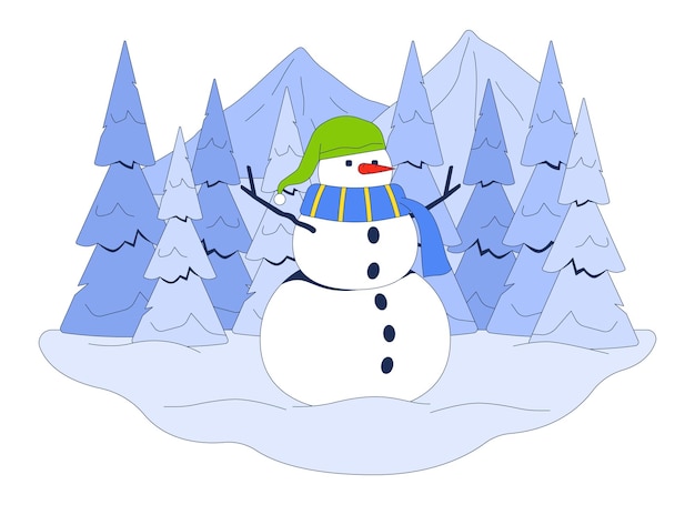 Hombre de nieve lindo en medio de bosques nevados montañas ilustración plana de dibujos animados