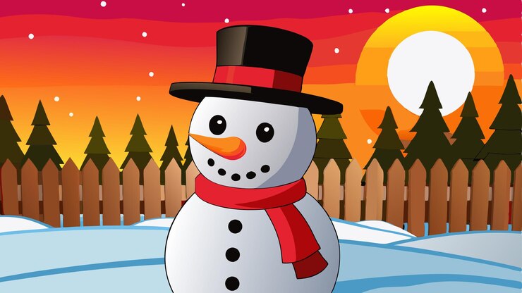hombre de nieve de Navidad año nuevo fondo de paisaje nevado con gorra y copos de nieve
